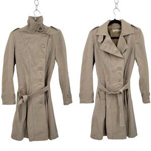 Pinko Womens Beige Belted Trench‎ Coat Sz S Button Closure High Collar Military